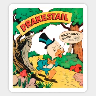 Drakestail Retro Duck with Hat walks worried: When do i get my money back? Vintage Comic 1947 Sticker